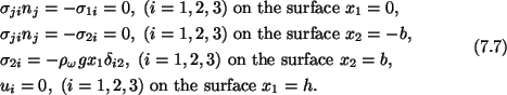 \begin{gather}\begin{split}
&\sigma_{ji}n_j = -\sigma_{1i} = 0,\ (i = 1,2,3)\ \m...
...\ (i = 1,2,3)\ \mbox{on the surface}\ x_1 = h.
\end{split}\tag{7.7}
\end{gather}