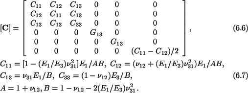 \begin{align}&[\mathbf{C}] = \left[\begin{array}{cccccc}C_{11} & C_{12} & C_{13}...
...&A = 1 + \nu_{12}, B = 1 - \nu_{12} - 2(E_1/E_3)\nu^2_{31}.\nonumber
\end{align}